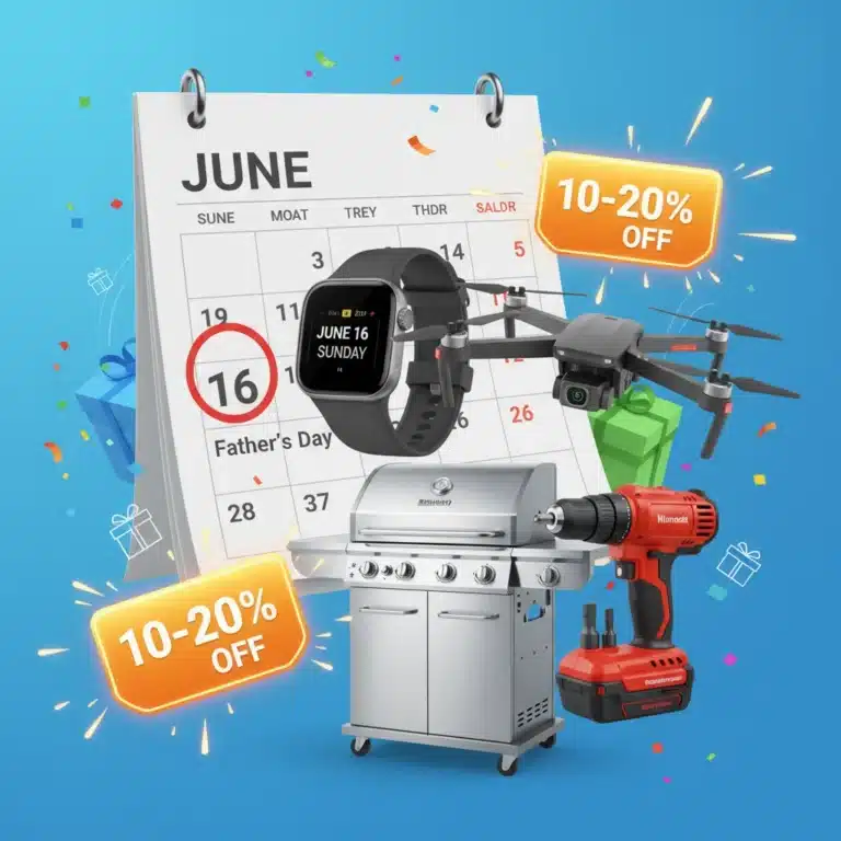 Father's Day Sales 2026 banner with gadgets and tools