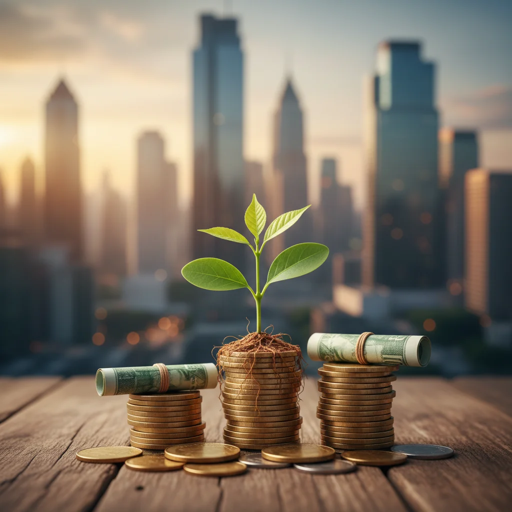 Plant growing from coins, symbolizing financial growth and savings