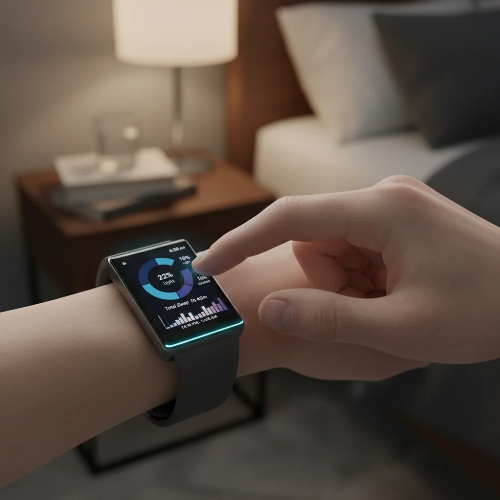 Person interacting with fitness tracker showing sleep analysis