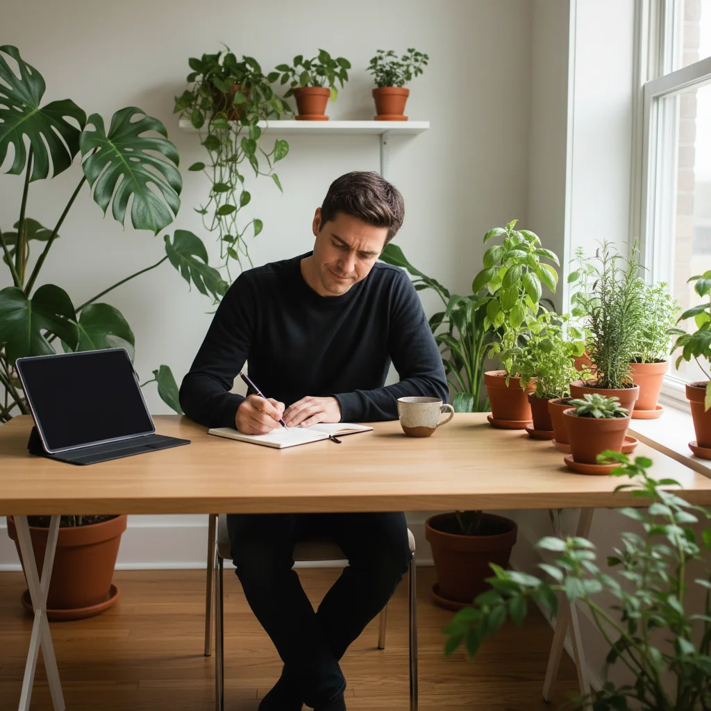 Focused individual working productively at a decluttered desk, free from digital distractions.