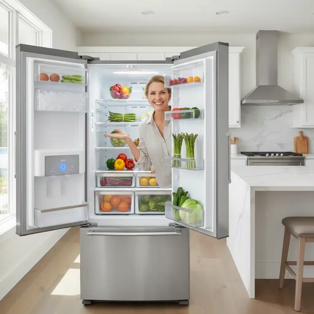 Happy homeowner demonstrating features of a new French-door refrigerator