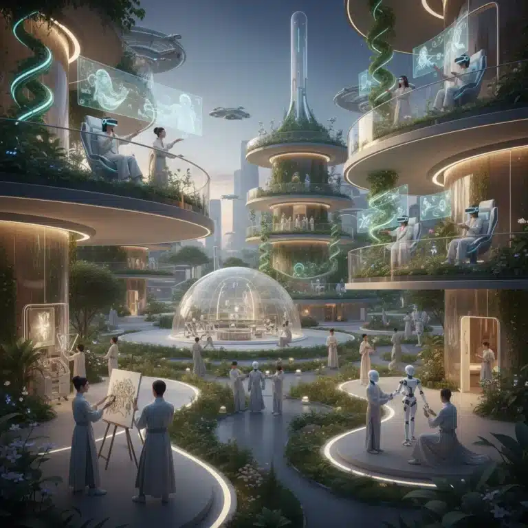 People engaging in diverse future hobbies, emphasizing creativity and stress reduction.