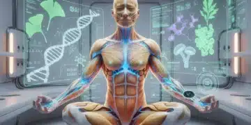 Futuristic bio-hacking health optimization with glowing neural pathways and molecular structures.