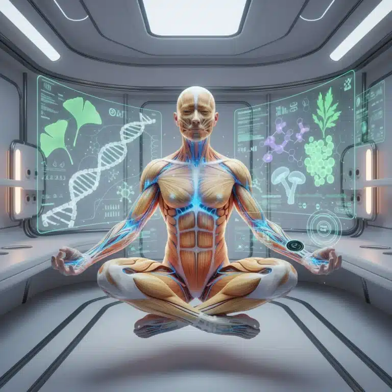 Futuristic bio-hacking health optimization with glowing neural pathways and molecular structures.