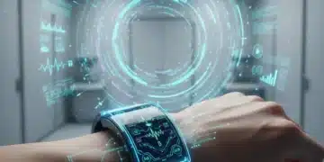 Futuristic fitness tracker displaying health data on a wrist