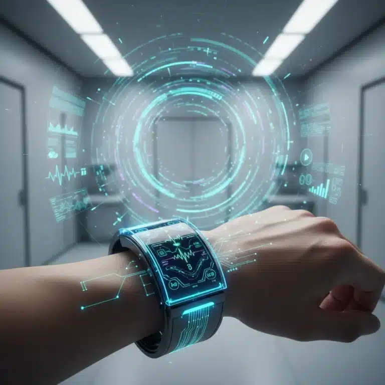 Futuristic fitness tracker displaying health data on a wrist