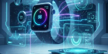 Top Health Gadgets US Market: Innovation Alert 2024 Futuristic health gadgets displaying digital data and wellness metrics