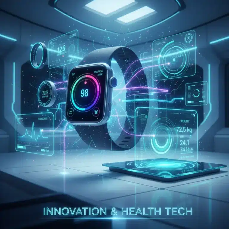 Futuristic health gadgets displaying digital data and wellness metrics