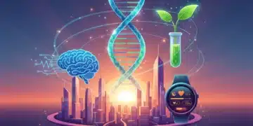 Futuristic health and wellness innovation landscape with DNA, brain, and plant symbols