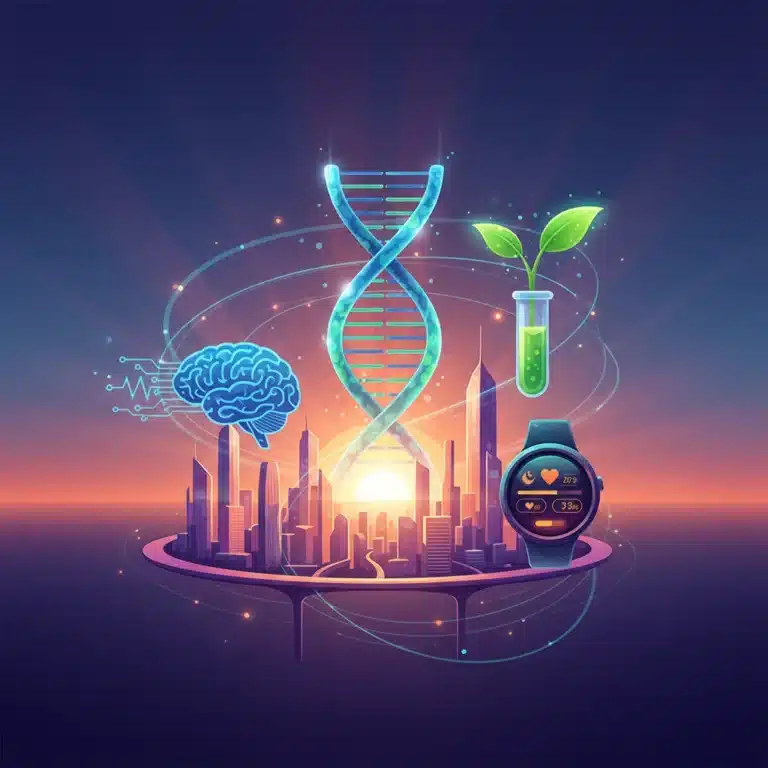 Futuristic health and wellness innovation landscape with DNA, brain, and plant symbols
