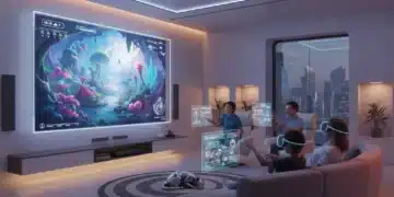 Home Entertainment 2026: 5 Gadgets Revolutionizing US Living Rooms Family enjoying futuristic home entertainment in 2026 living room with advanced gadgets.
