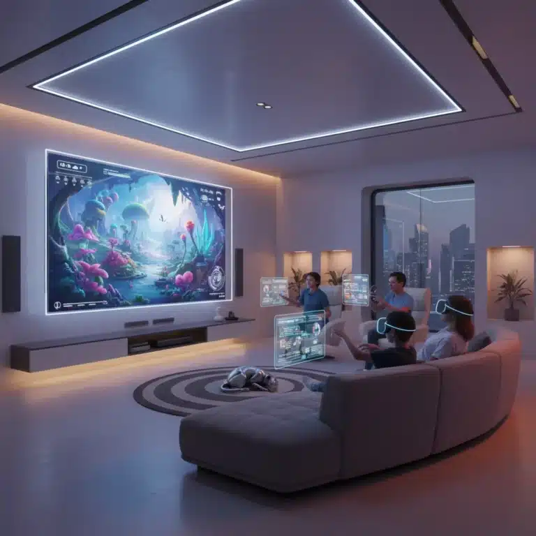 Family enjoying futuristic home entertainment in 2026 living room with advanced gadgets.