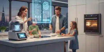 Futuristic kitchen with smart appliances and family enjoying efficient food preparation