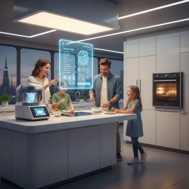 Futuristic kitchen with smart appliances and family enjoying efficient food preparation