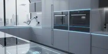 Sleek futuristic kitchen with integrated smart appliances for 2026 efficiency