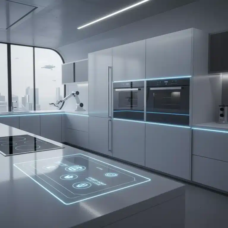 Sleek futuristic kitchen with integrated smart appliances for 2026 efficiency