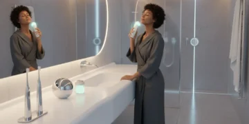 Woman holding an advanced facial cleansing device in a modern bathroom, surrounded by futuristic personal care gadgets.