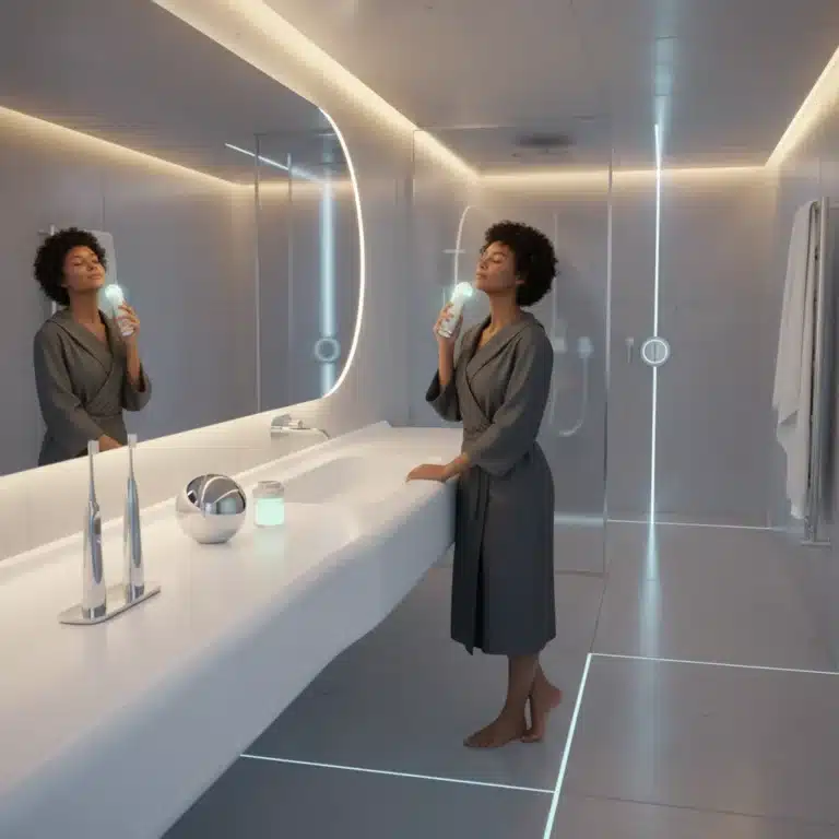 Woman holding an advanced facial cleansing device in a modern bathroom, surrounded by futuristic personal care gadgets.
