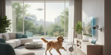Future of Pet Care: Top 7 Pet Tech Innovations for 2026 Golden retriever interacting with smart pet tech in a modern home, showcasing pet tech innovations 2026.