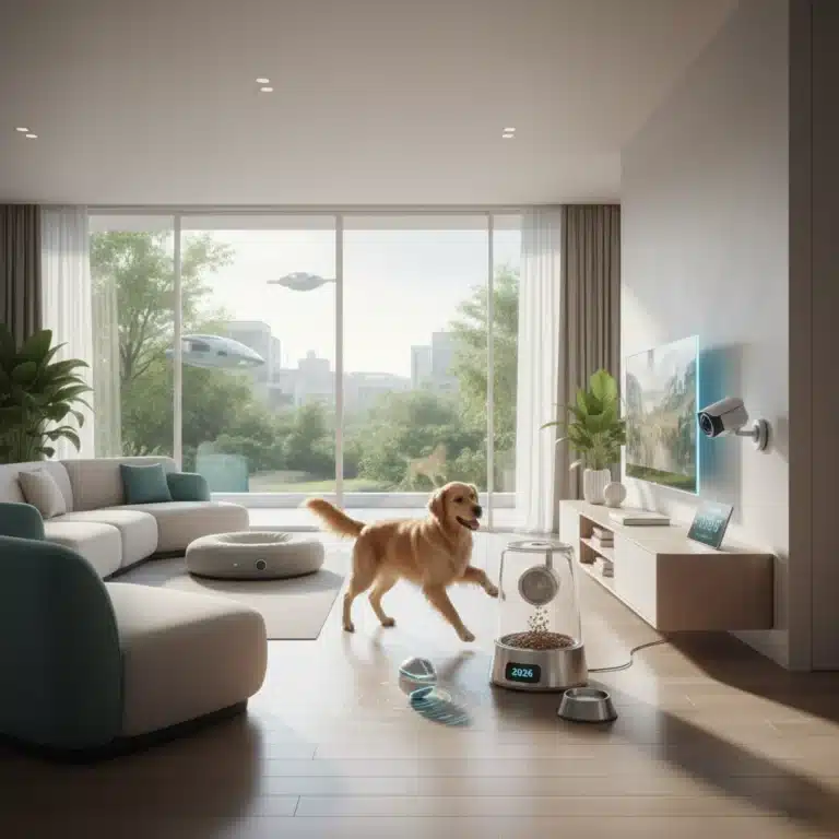 Golden retriever interacting with smart pet tech in a modern home, showcasing pet tech innovations 2026.