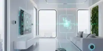 Futuristic smart home living room with integrated gadgets