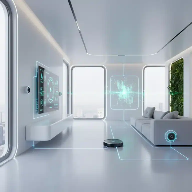 Futuristic smart home living room with integrated gadgets