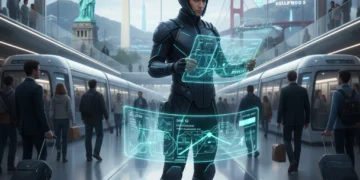 Future Travel Tech 2026: 7 Smartest Products for US Journeys Futuristic traveler using holographic navigation at an airport, symbolizing future travel tech.