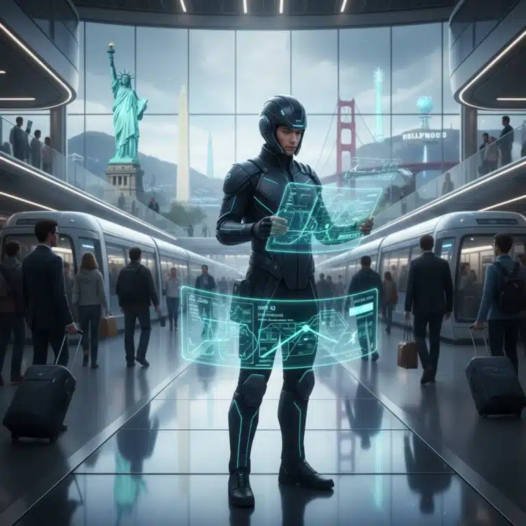 Futuristic traveler using holographic navigation at an airport, symbolizing future travel tech.