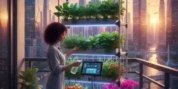 Urban Gardening 2026: Maximize Small Spaces with High-Yield Plants Futuristic urban garden on a balcony with vertical planters and smart tech, city skyline