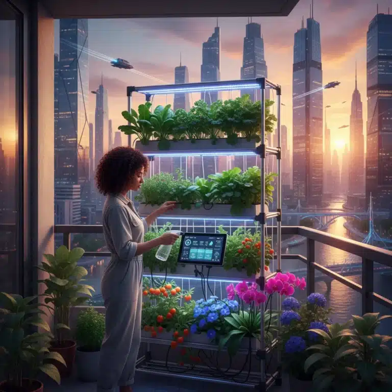 Futuristic urban garden on a balcony with vertical planters and smart tech, city skyline