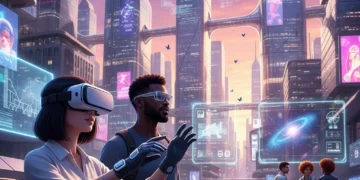 Immersive Tech US Market: Top VR/AR Products 2026 Futuristic people interacting with VR and AR devices in a modern urban environment.