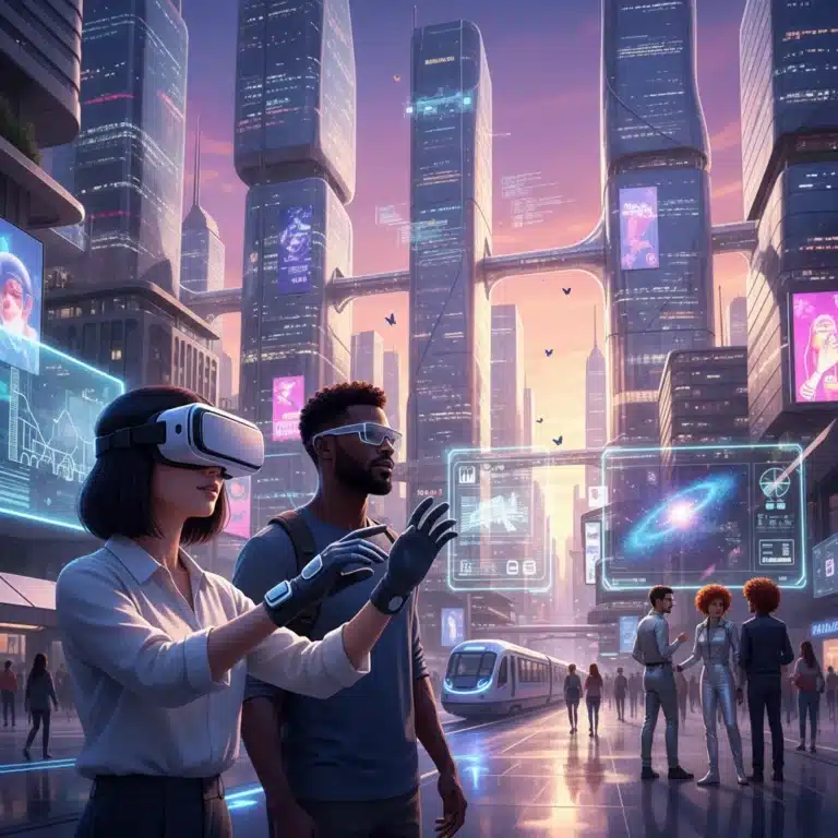 Futuristic people interacting with VR and AR devices in a modern urban environment.