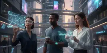 Futuristic individuals interacting with advanced wearable technology in an urban setting, showcasing smart rings, AR glasses, and health patches.