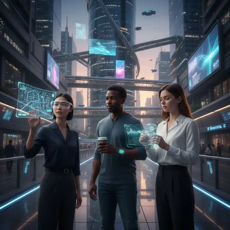 Futuristic individuals interacting with advanced wearable technology in an urban setting, showcasing smart rings, AR glasses, and health patches.
