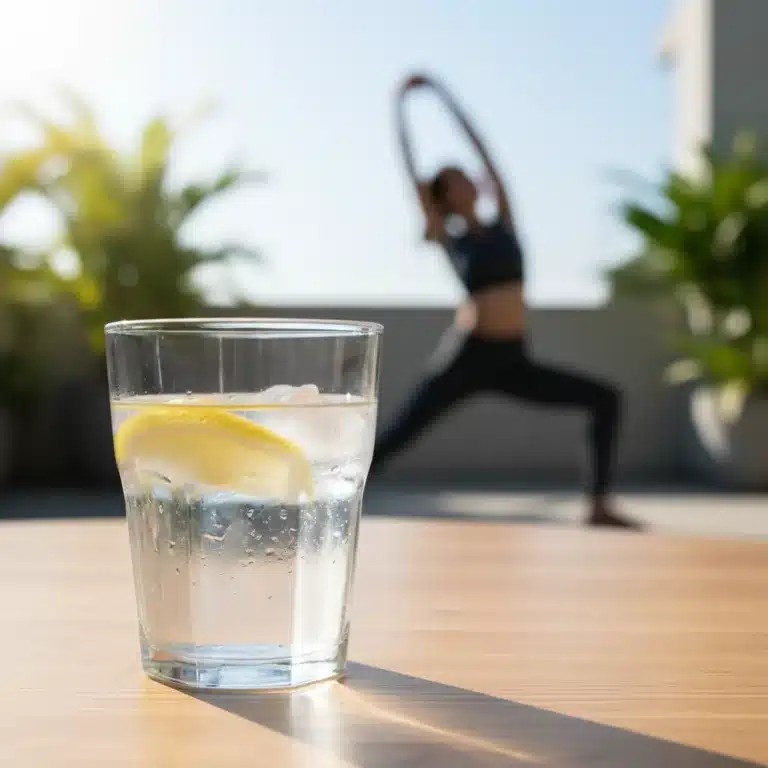 Glass of water with lemon on a table, symbolizing healthy hydration