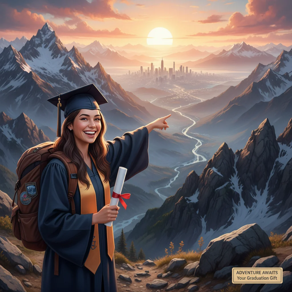 Graduate enjoying a travel experience, hiking in mountains, symbolizing adventure gift.