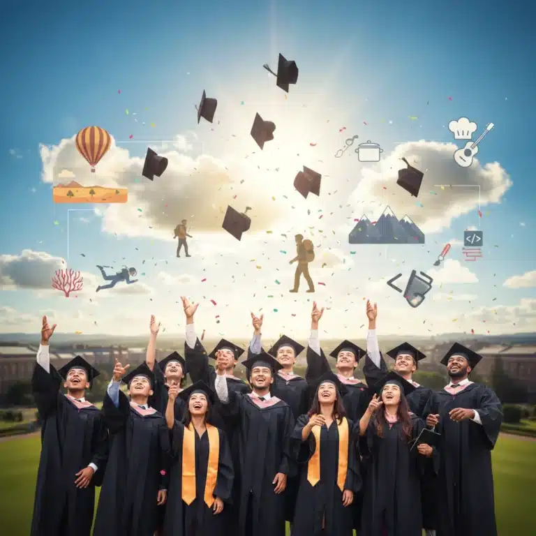 Graduates celebrating with caps in air, symbolizing successful completion and exciting future experiences.