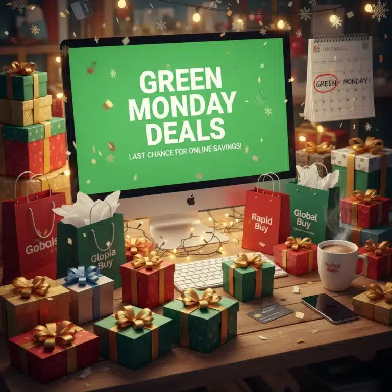 Green Monday 2026 online shopping deals with holiday gifts and a 25% off sign