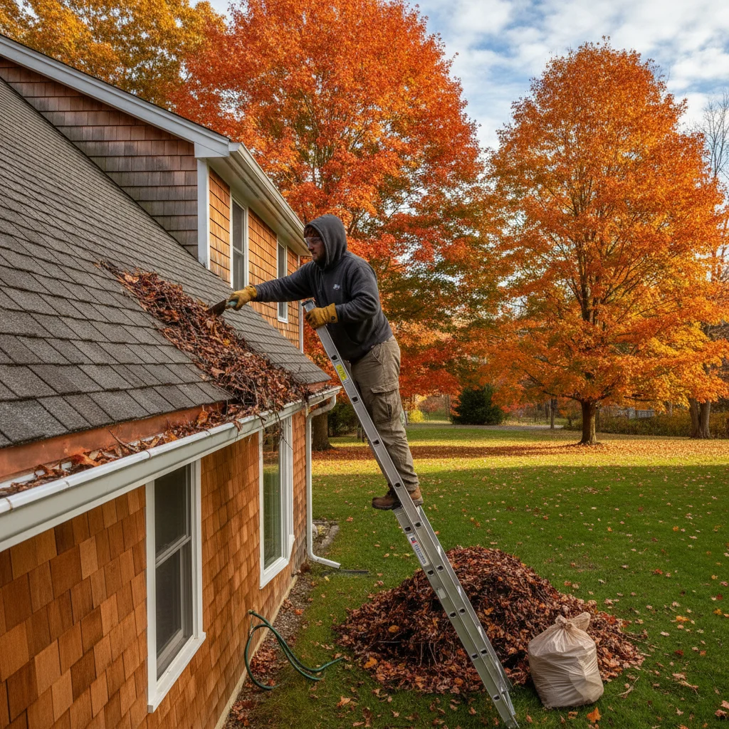 Homeowner safely cleaning leaves from a rain gutter during fall maintenance.