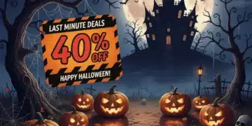 Spooky haunted house with glowing jack-o-lanterns and a 40% off sale tag for Halloween 2026 deals.