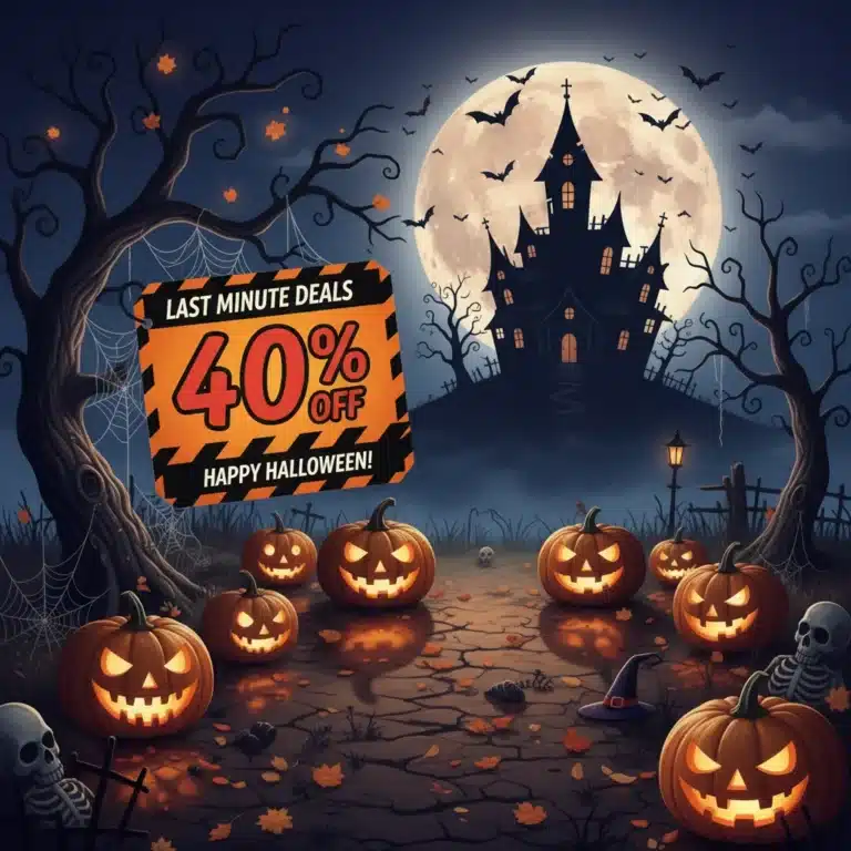 Spooky haunted house with glowing jack-o-lanterns and a 40% off sale tag for Halloween 2026 deals.