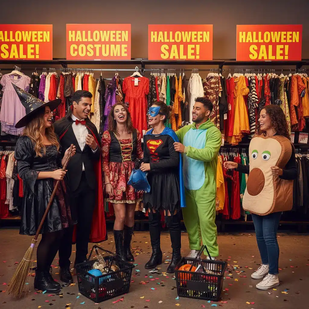Friends trying on diverse Halloween costumes in a store with sale signs visible.