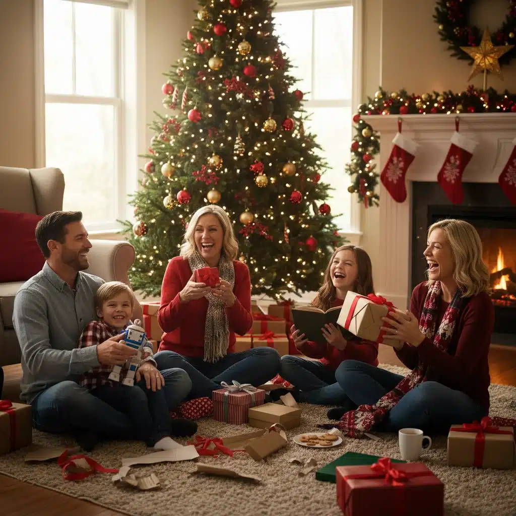 Happy family enjoying Christmas morning gifts