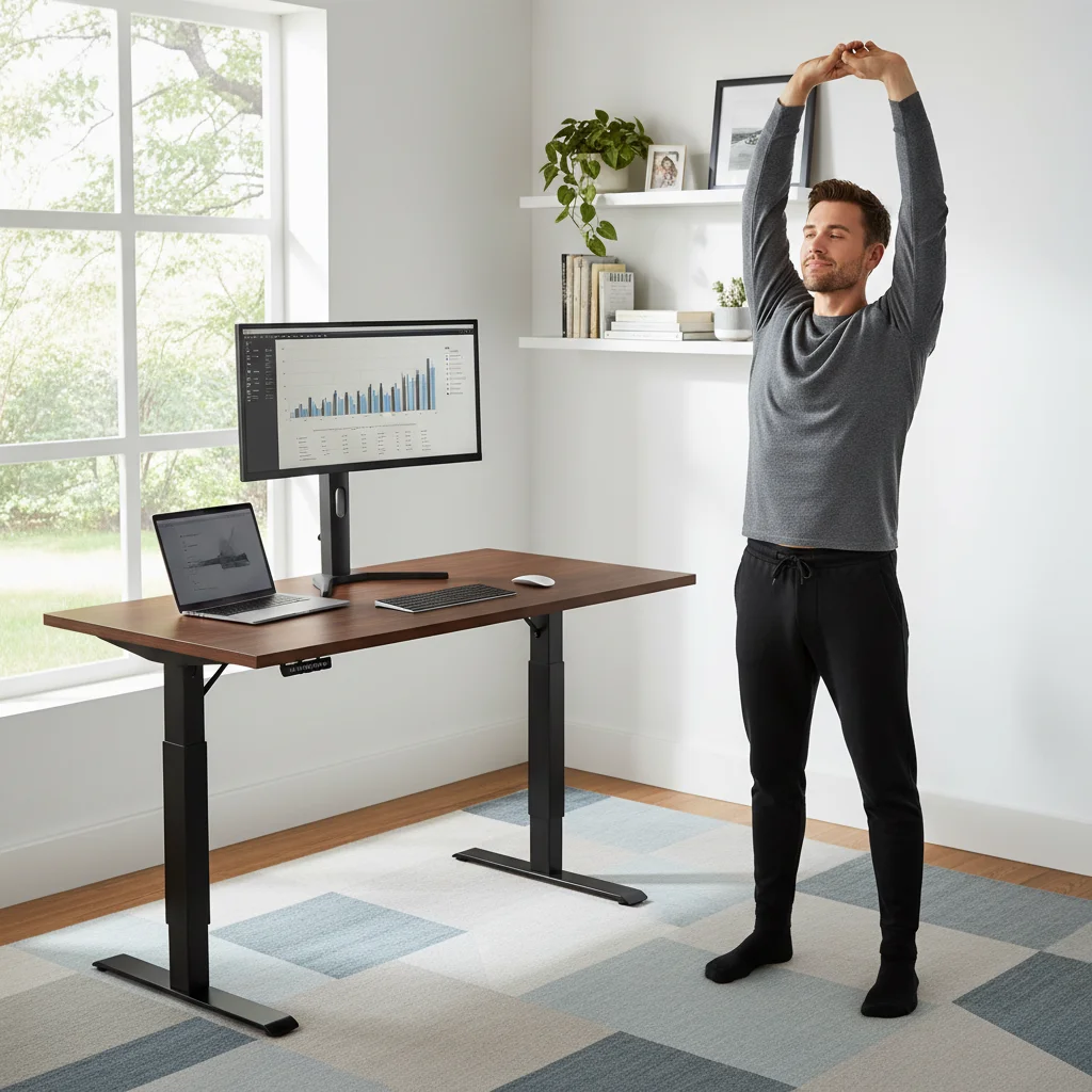 Person using a height-adjustable standing desk in a home office