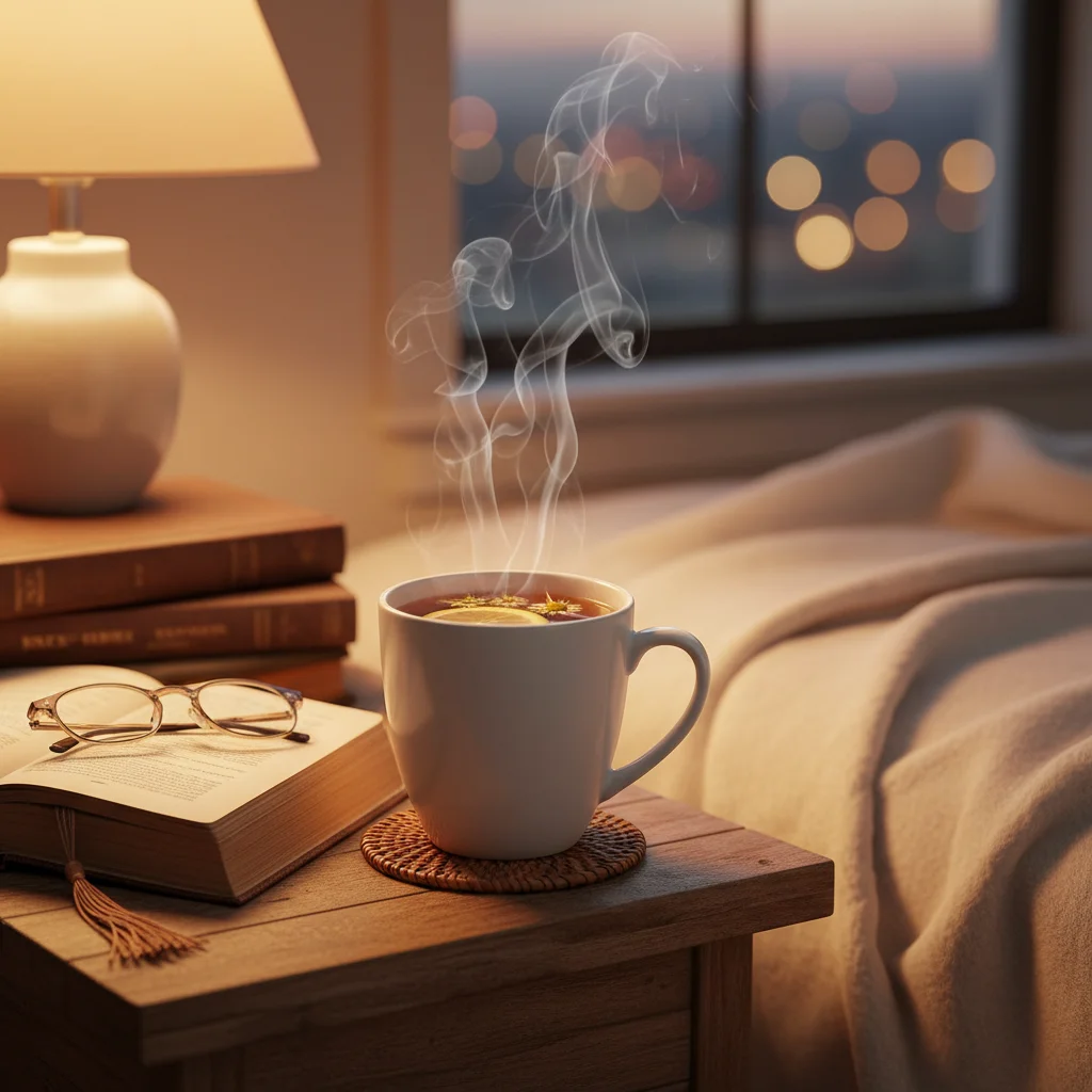 Herbal tea and book on bedside table for evening routine
