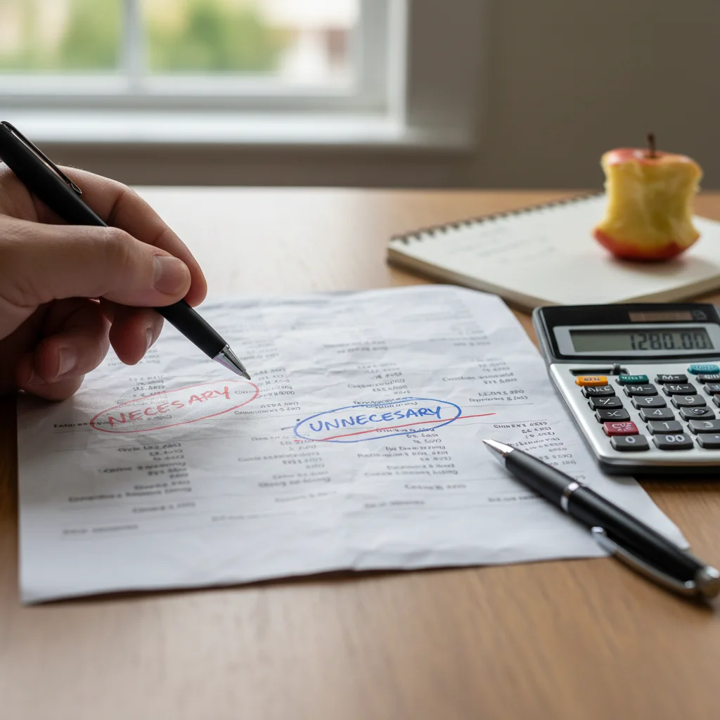 Hand highlighting unnecessary expenses on bank statement