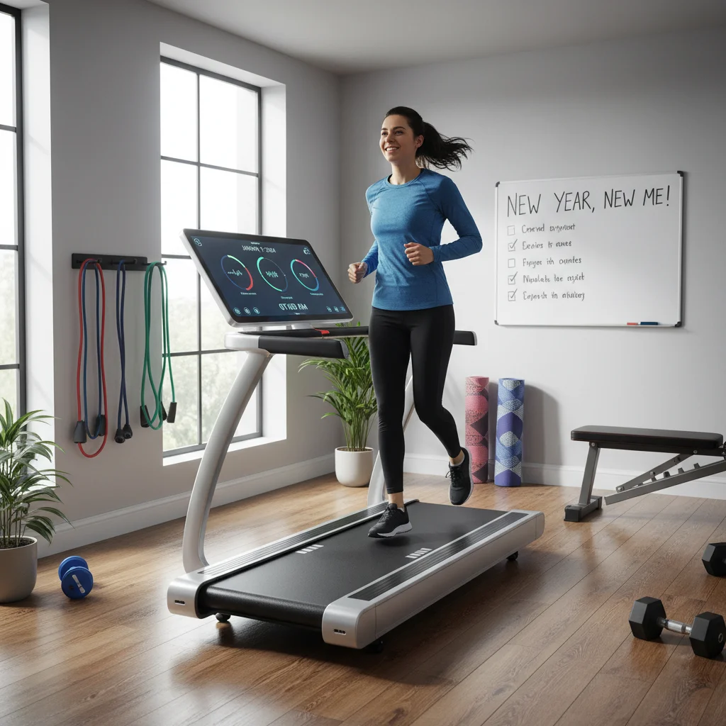 Person exercising on a treadmill in a home gym during New Year sales