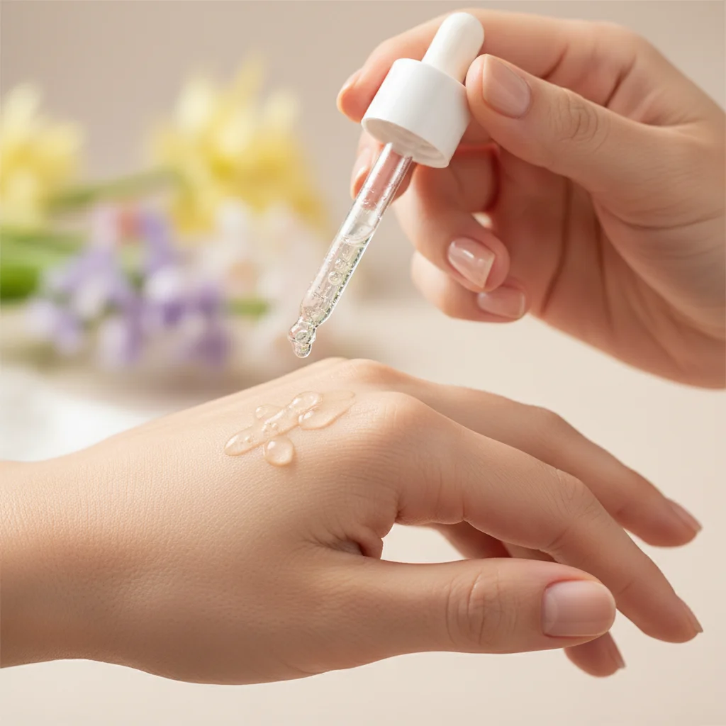 Applying a hydrating serum to skin, demonstrating texture and absorption