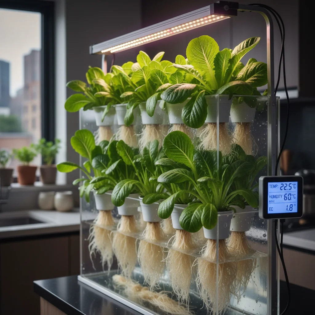 Close-up of a hydroponic system growing leafy greens under LED lights in an apartment