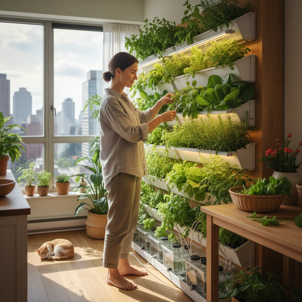 Person harvesting herbs from an indoor vertical hydroponic garden.